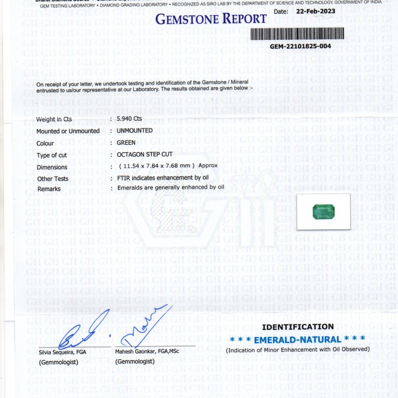 5.94 Ct GiI Certified Untreated Natural Zambian Emerald Gemstone Panna 5.94 Ct GiI Certified Untreated Natural Zambian Emerald Gemstone Panna
