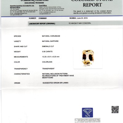 5.95 Ct IGI Certified Unheated Untreated Natural Ceylon White Sapphire AAAA 5.95 Ct IGI Certified Unheated Untreated Natural Ceylon White Sapphire AAAA