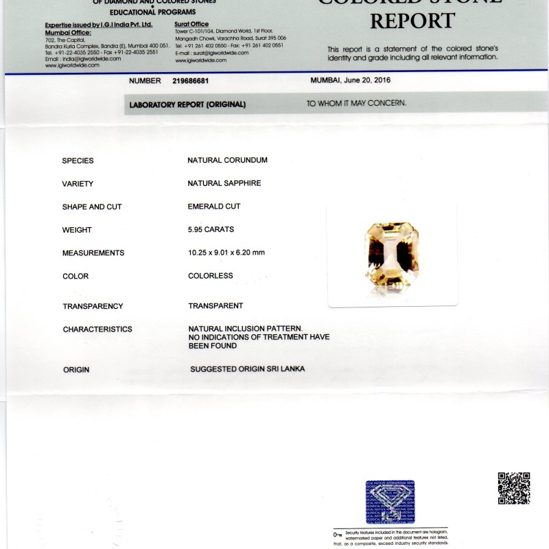 5.95 Ct IGI Certified Unheated Untreated Natural Ceylon White Sapphire AAAA 5.95 Ct IGI Certified Unheated Untreated Natural Ceylon White Sapphire AAAA