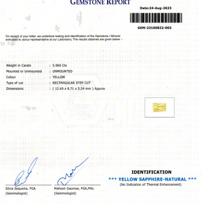 5.96 Ct GII Certified Unheated Untreated Natural Ceylon Yellow Sapphire