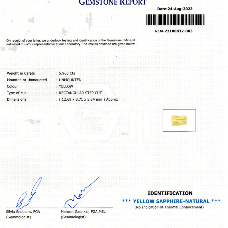 5.96 Ct GII Certified Unheated Untreated Natural Ceylon Yellow Sapphire 5.96 Ct GII Certified Unheated Untreated Natural Ceylon Yellow Sapphire