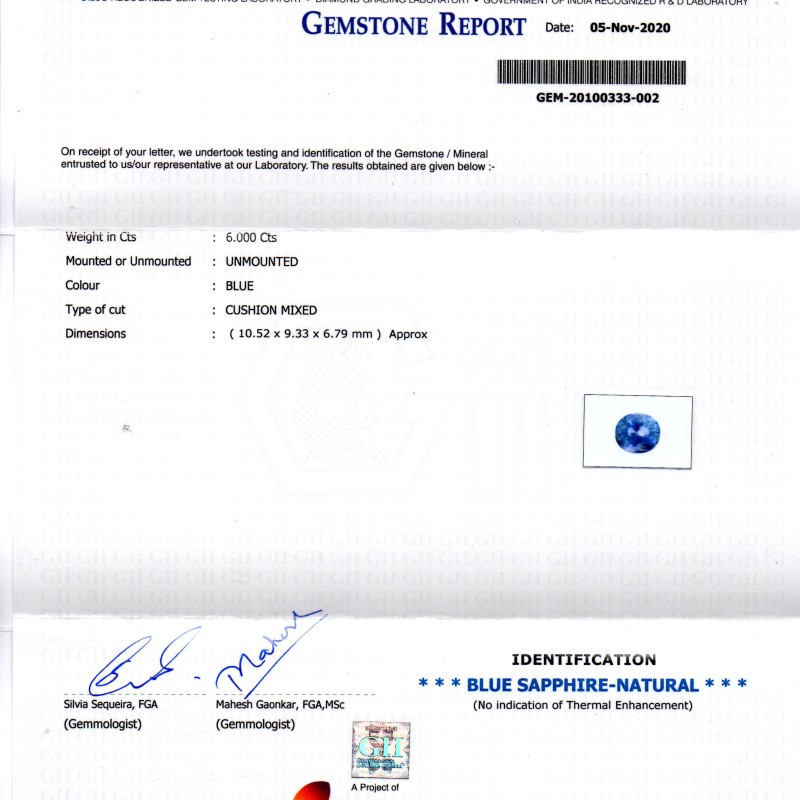 6.00 Ct GII Certified Unheated Untreated Natural Ceylon Blue Sapphire 6.00 Ct GII Certified Unheated Untreated Natural Ceylon Blue Sapphire