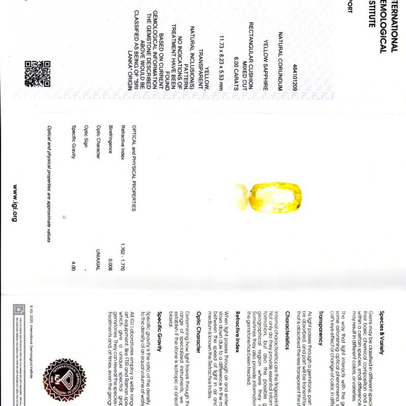 6.00 Ct IGI Certified Unheated Untreated Natural Ceylon Yellow Sapphire 6.00 Ct IGI Certified Unheated Untreated Natural Ceylon Yellow Sapphire