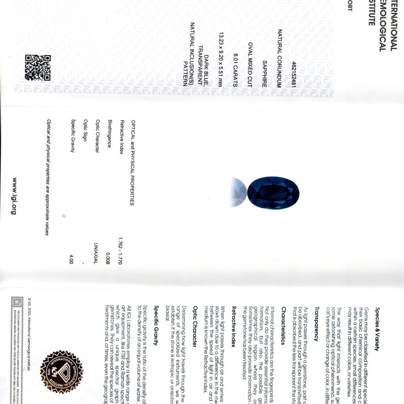 6.01 Ct IGI Certified Untreated Natural Ceylon Deep Blue Sapphire 6.01 Ct IGI Certified Untreated Natural Ceylon Deep Blue Sapphire