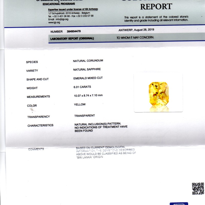 6.01 Ct IGI Certified Unheated Untreated Natural Ceylon Yellow Sapphire 6.01 Ct IGI Certified Unheated Untreated Natural Ceylon Yellow Sapphire