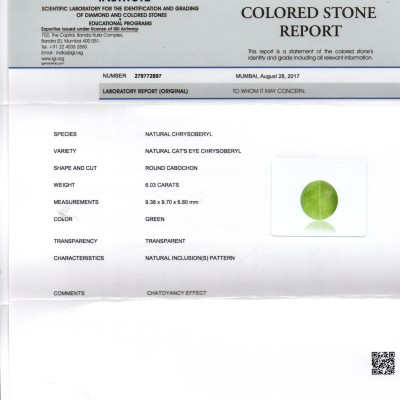 6.03 Ct IGI Certified Untreated Natural Ceylon Chrysoberyl Cats Eye 6.03 Ct IGI Certified Untreated Natural Ceylon Chrysoberyl Cats Eye