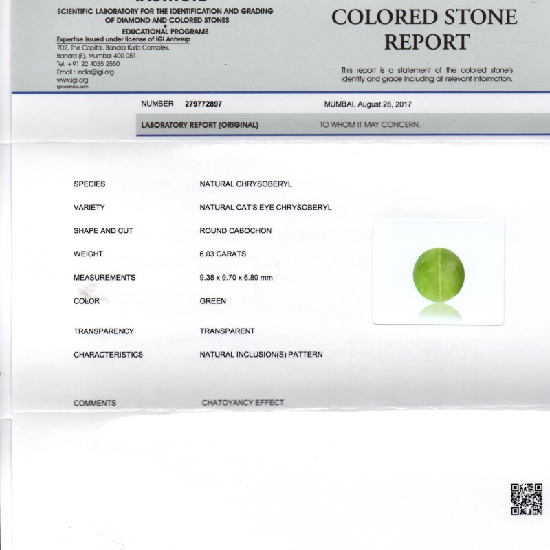 6.03 Ct IGI Certified Untreated Natural Ceylon Chrysoberyl Cats Eye 6.03 Ct IGI Certified Untreated Natural Ceylon Chrysoberyl Cats Eye