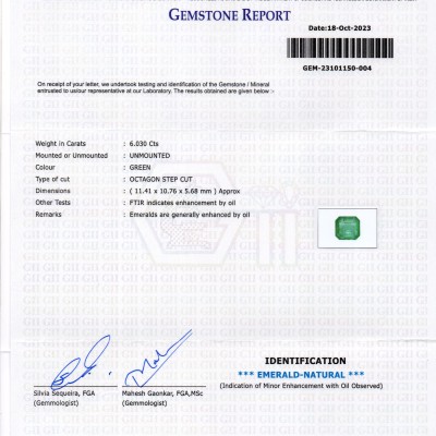 6.03 Ct GII Certified Untreated Natural Zambian Emerald Panna Gems 6.03 Ct GII Certified Untreated Natural Zambian Emerald Panna Gems