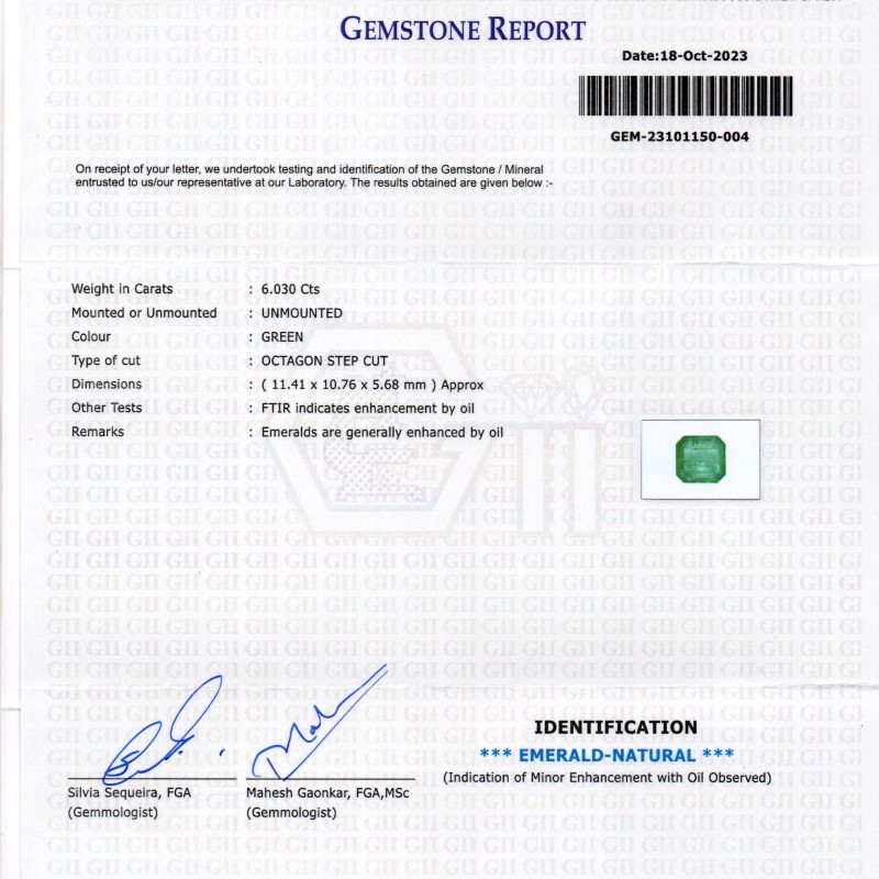 6.03 Ct GII Certified Untreated Natural Zambian Emerald Panna Gems 6.03 Ct GII Certified Untreated Natural Zambian Emerald Panna Gems