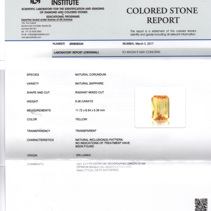 6.06 Ct IGI Certified Unheated Untreated Natural Ceylon Yellow Sapphire