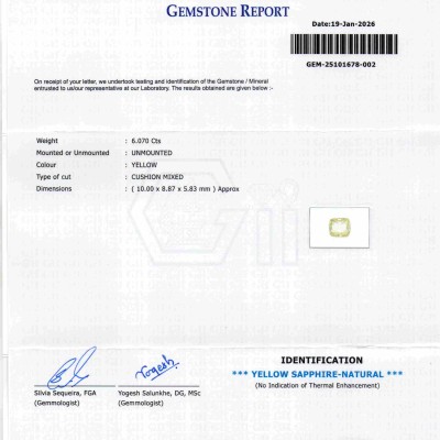 6.07 Ct GII Certified Unheated Untreated Natural Ceylon Yellow Sapphire Pukhraj 6.07 Ct GII Certified Unheated Untreated Natural Ceylon Yellow Sapphire Pukhraj
