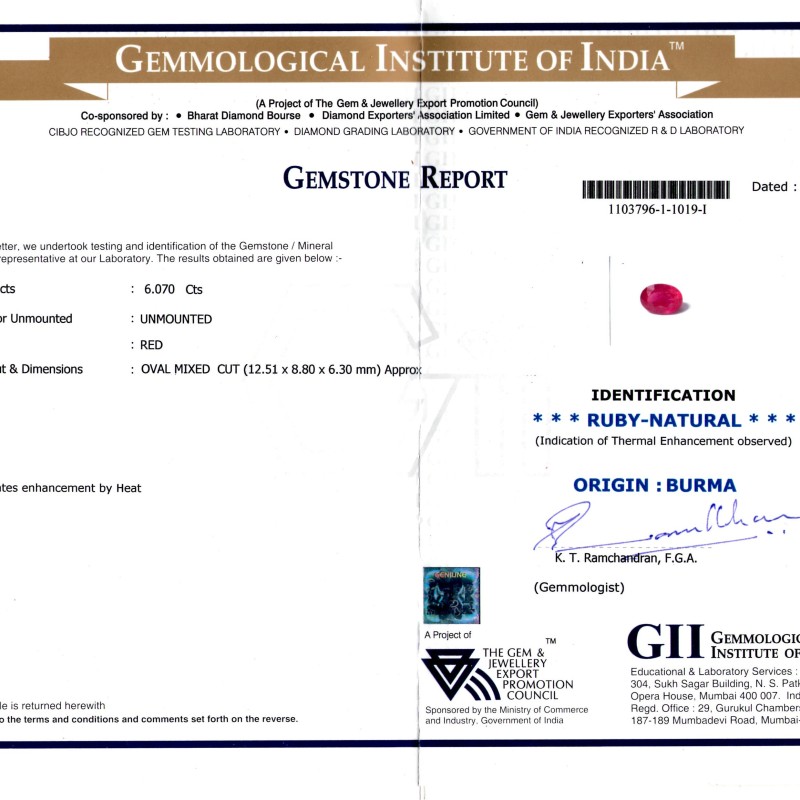6.07 Ct Untreated GII certified Old Burma Mines Ruby **RARE** 6.07 Ct Untreated GII certified Old Burma Mines Ruby **RARE**