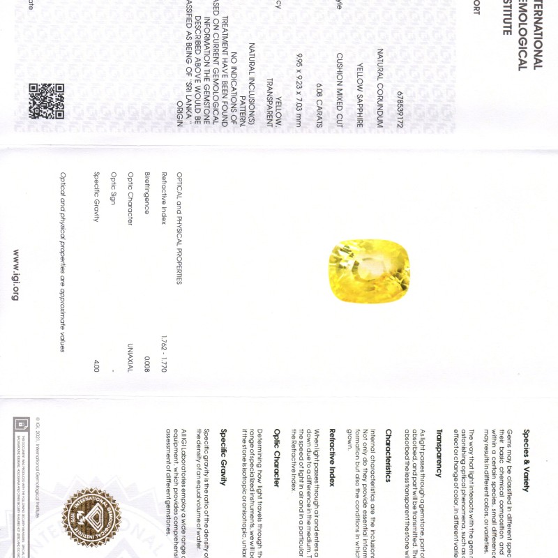 6.08 Ct IGI Certified Unheated Untreated Natural Ceylon Yellow Sapphire 6.08 Ct IGI Certified Unheated Untreated Natural Ceylon Yellow Sapphire