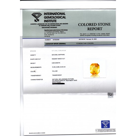6.09 Ct IGI Certified Unheated Untreated Natural Ceylon Yellow Sapphire