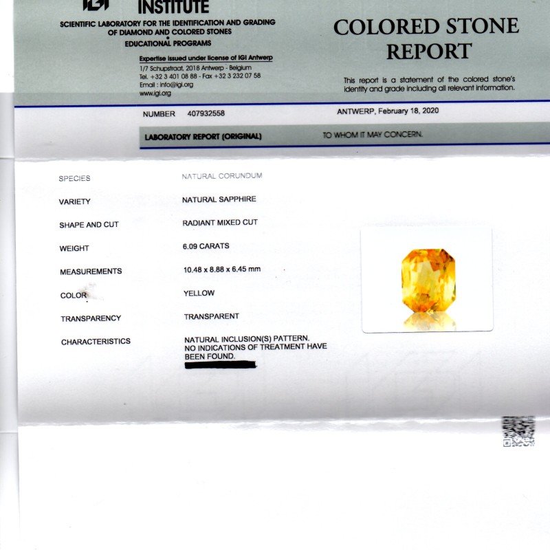 6.09 Ct IGI Certified Unheated Untreated Natural Ceylon Yellow Sapphire