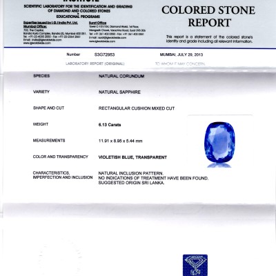 6.13 Ct IGI Certified Unheated Untreated Natural Ceylon Blue Sapphire