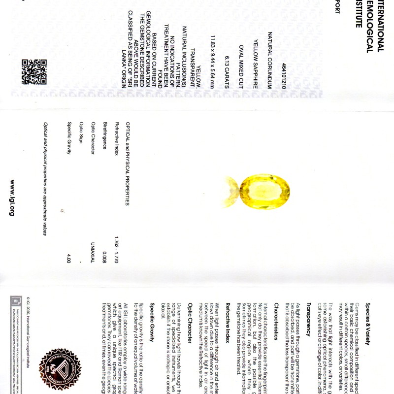 6.13 Ct IGI Certified Unheated Untreated Natural Ceylon Yellow Sapphire 6.13 Ct IGI Certified Unheated Untreated Natural Ceylon Yellow Sapphire