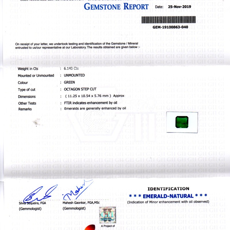 6.14 Ct GII Certified Untreated Natural Zambian Emerald Gems AAA 6.14 Ct GII Certified Untreated Natural Zambian Emerald Gems AAA