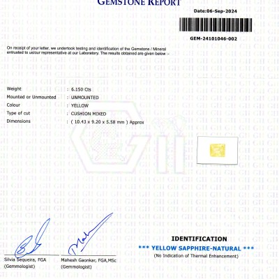 6.15 Ct GII Certified Unheated Untreated Natural Ceylon Yellow Sapphire 6.15 Ct GII Certified Unheated Untreated Natural Ceylon Yellow Sapphire