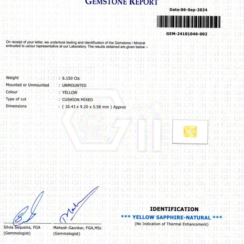 6.15 Ct GII Certified Unheated Untreated Natural Ceylon Yellow Sapphire 6.15 Ct GII Certified Unheated Untreated Natural Ceylon Yellow Sapphire