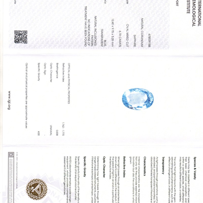 6.19 Ct IGI Certified Unheated Untreated Natural Ceylon Blue Sapphire