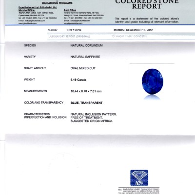 6.19 Ct IGI Certified Unheated Natural Madagaskar Blue Sapphire 6.19 Ct IGI Certified Unheated Natural Madagaskar Blue Sapphire