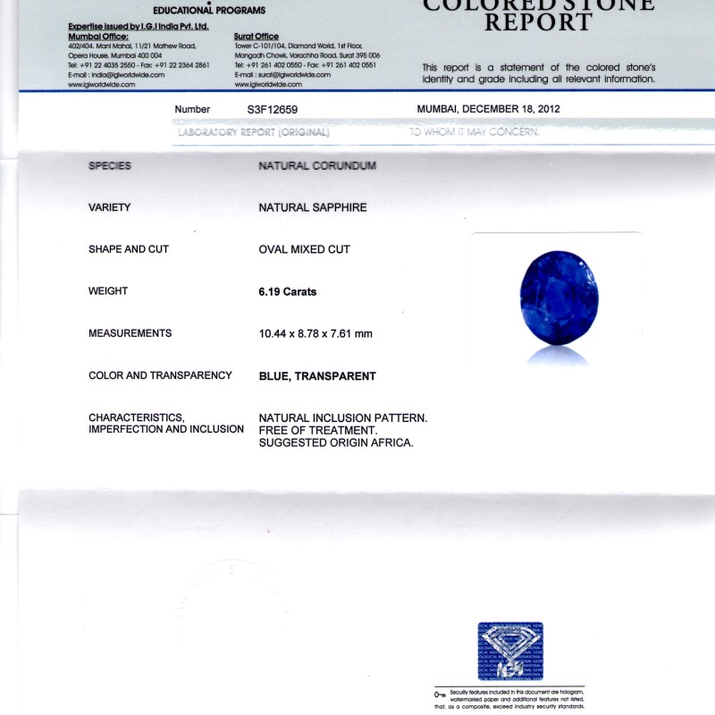 6.19 Ct IGI Certified Unheated Natural Madagaskar Blue Sapphire 6.19 Ct IGI Certified Unheated Natural Madagaskar Blue Sapphire