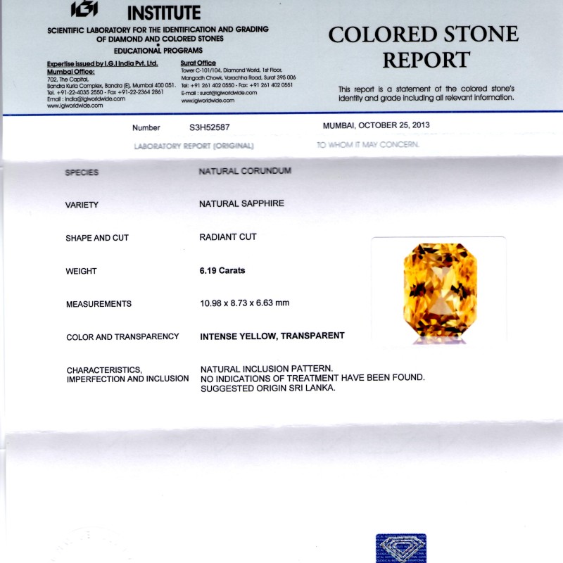 6.19 Ct Certified Unheated Untreated Flawless Radiant Cut Natural Ceylon Yellow Sapphire 6.19 Ct Certified Unheated Untreated Flawless Radiant Cut Natural Ceylon Yellow Sapphire