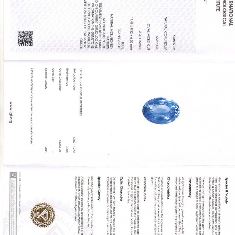 6.20 Ct IGI Certified Unheated Untreated Natural Ceylon Blue Sapphire 6.20 Ct IGI Certified Unheated Untreated Natural Ceylon Blue Sapphire