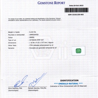6.21 Ct GII Certified Untreated Natural Zambian Emerald Panna Gems 6.21 Ct GII Certified Untreated Natural Zambian Emerald Panna Gems
