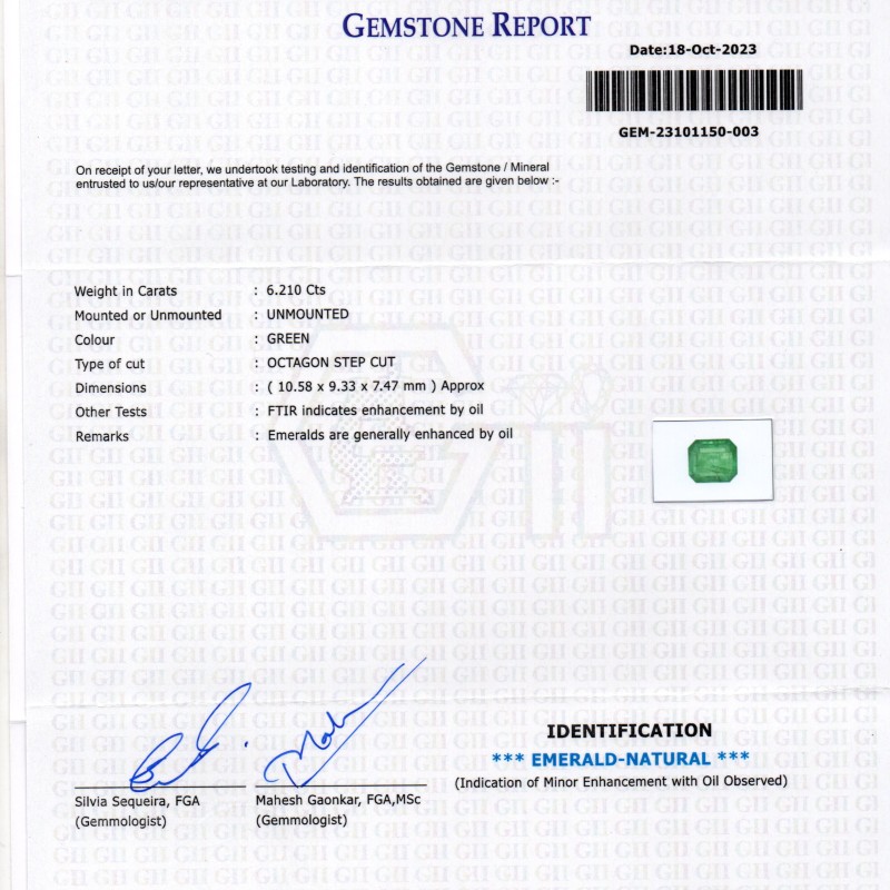 6.21 Ct GII Certified Untreated Natural Zambian Emerald Panna Gems 6.21 Ct GII Certified Untreated Natural Zambian Emerald Panna Gems