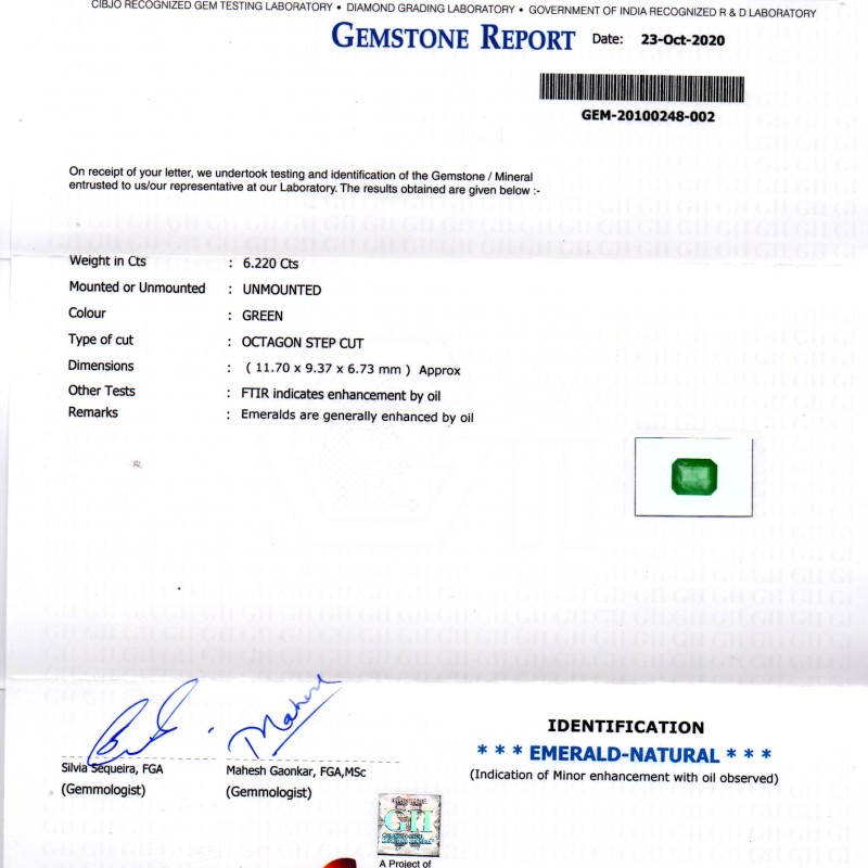 6.22 Ct GII Certified Untreated Natural Zambian Emerald Gems AA