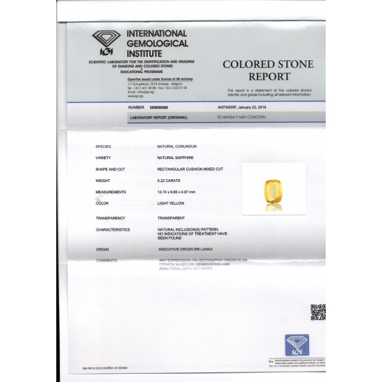 6.22 Ct IGI Certified Unheated Untreated Natural Ceylon Yellow Sapphire