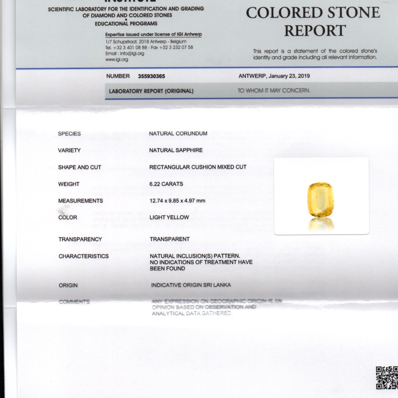 6.22 Ct IGI Certified Unheated Untreated Natural Ceylon Yellow Sapphire 6.22 Ct IGI Certified Unheated Untreated Natural Ceylon Yellow Sapphire