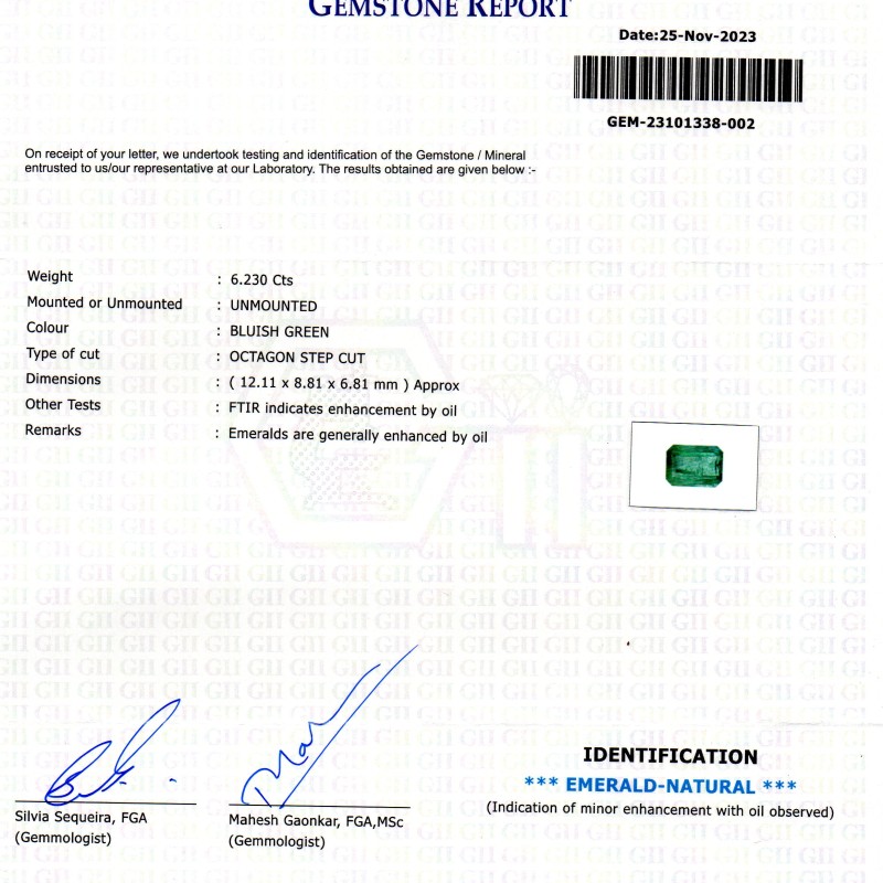 6.23 Ct GII Certified Untreated Natural Zambian Emerald Panna Gems 6.23 Ct GII Certified Untreated Natural Zambian Emerald Panna Gems
