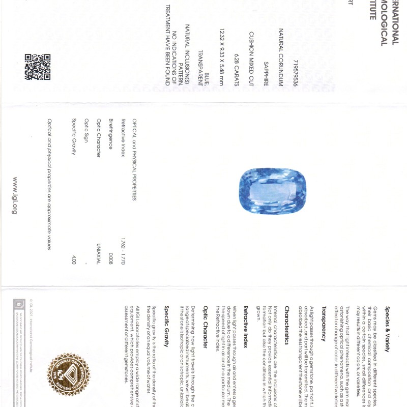 6.28 Ct IGI Certified Unheated Untreated Natural Ceylon Blue Sapphire 6.28 Ct IGI Certified Unheated Untreated Natural Ceylon Blue Sapphire