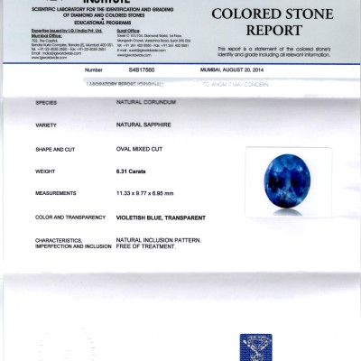 6.31 Ct IGI Certified Unheated Untreated Natural Ceylon Deep Blue Sapphire 6.31 Ct IGI Certified Unheated Untreated Natural Ceylon Deep Blue Sapphire