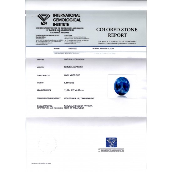 6.31 Ct IGI Certified Unheated Untreated Natural Ceylon Deep Blue Sapphire
