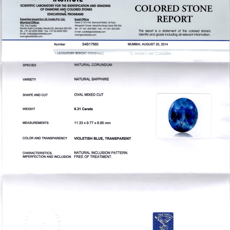 6.31 Ct IGI Certified Unheated Untreated Natural Ceylon Deep Blue Sapphire 6.31 Ct IGI Certified Unheated Untreated Natural Ceylon Deep Blue Sapphire