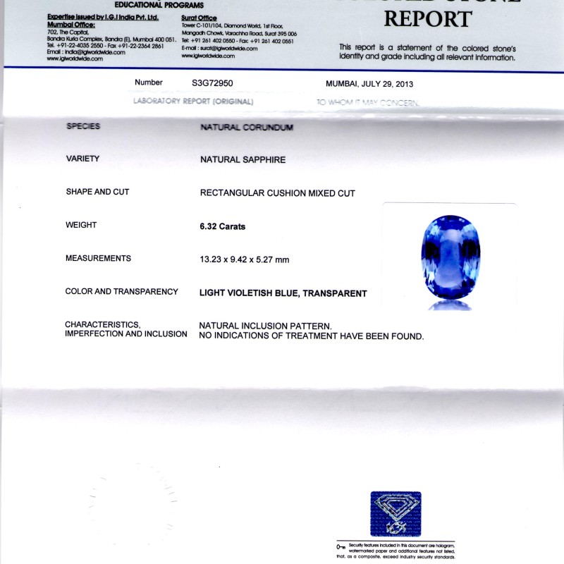 6.32 Ct IGI Certified Unheated Untreated Natural Ceylon Blue Sapphire 6.32 Ct IGI Certified Unheated Untreated Natural Ceylon Blue Sapphire