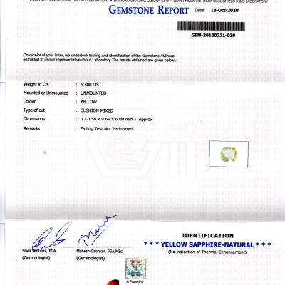 6.38 Ct GII Certified Unheated Untreated Natural Ceylon Yellow Sapphire 6.38 Ct GII Certified Unheated Untreated Natural Ceylon Yellow Sapphire