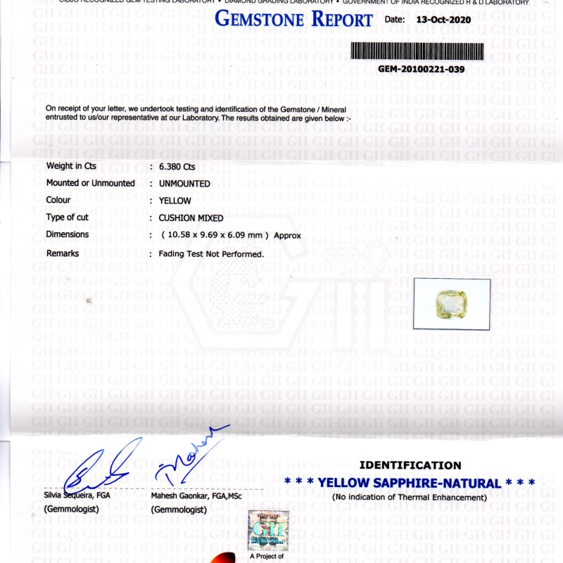 6.38 Ct GII Certified Unheated Untreated Natural Ceylon Yellow Sapphire 6.38 Ct GII Certified Unheated Untreated Natural Ceylon Yellow Sapphire