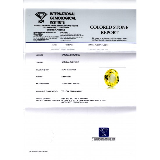 6.41 Ct Unheated Untreated Natural Ceylon Yellow Sapphire/Pukhraj AA