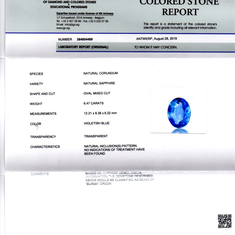 6.47 Ct IGI Certified Unheated Untreated Natural Burma Blue Sapphire 6.47 Ct IGI Certified Unheated Untreated Natural Burma Blue Sapphire
