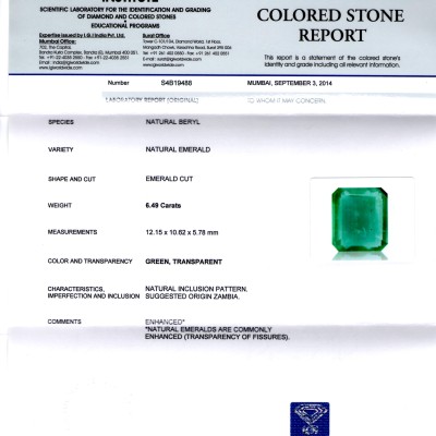6.49 Ct Certified Untreated Natural Zambian Emerald Gemstone AAA 6.49 Ct Certified Untreated Natural Zambian Emerald Gemstone AAA