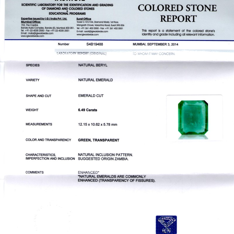 6.49 Ct Certified Untreated Natural Zambian Emerald Gemstone AAA 6.49 Ct Certified Untreated Natural Zambian Emerald Gemstone AAA