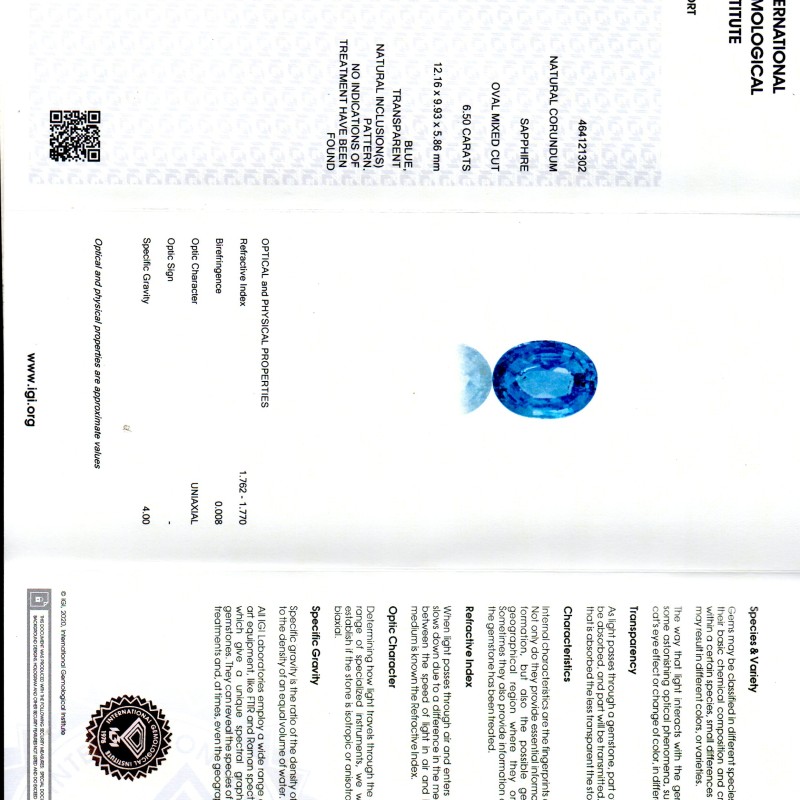 6.50 Ct IGI Certified Unheated Untreated Natural Ceylon Blue Sapphire