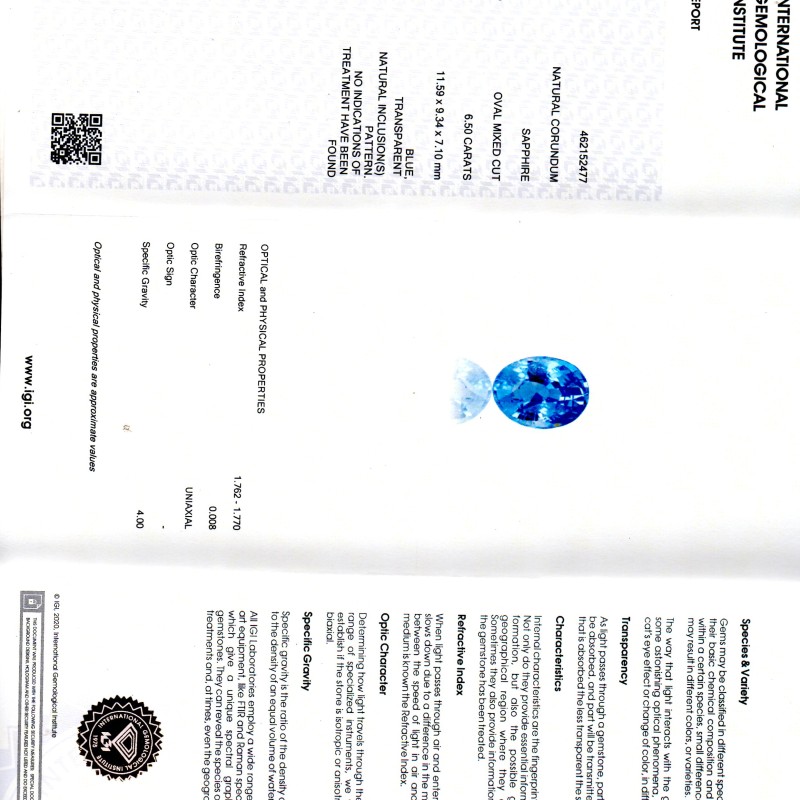 6.50 Ct IGI Certified Unheated Untreated Natural Ceylon Blue Sapphire AA 6.50 Ct IGI Certified Unheated Untreated Natural Ceylon Blue Sapphire AA