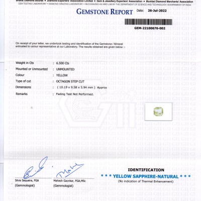 6.50 Ct GII Certified Unheated Untreated Natural Ceylon Yellow Sapphire