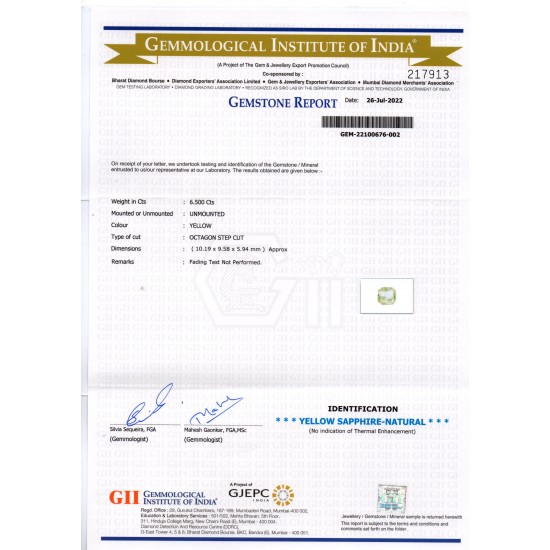 6.50 Ct GII Certified Unheated Untreated Natural Ceylon Yellow Sapphire